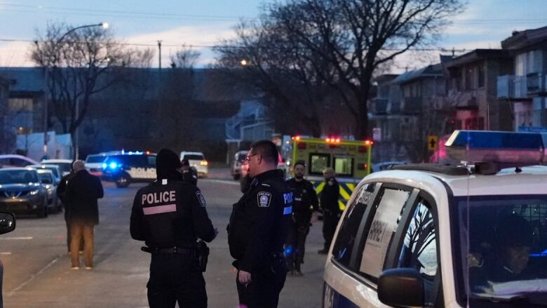 Police officers in uniform stand in foreground, with ambulance in background.