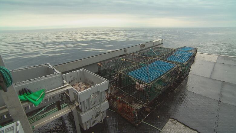 lobster traps on the back of a boat