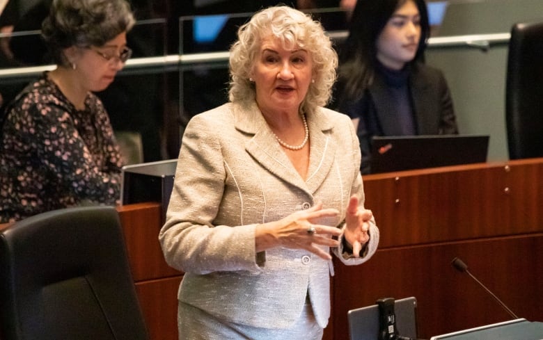 Toronto City Councillor, Paula Fletcher (Ward 14) speaking at the city's budget meeting on February 15, 2023.