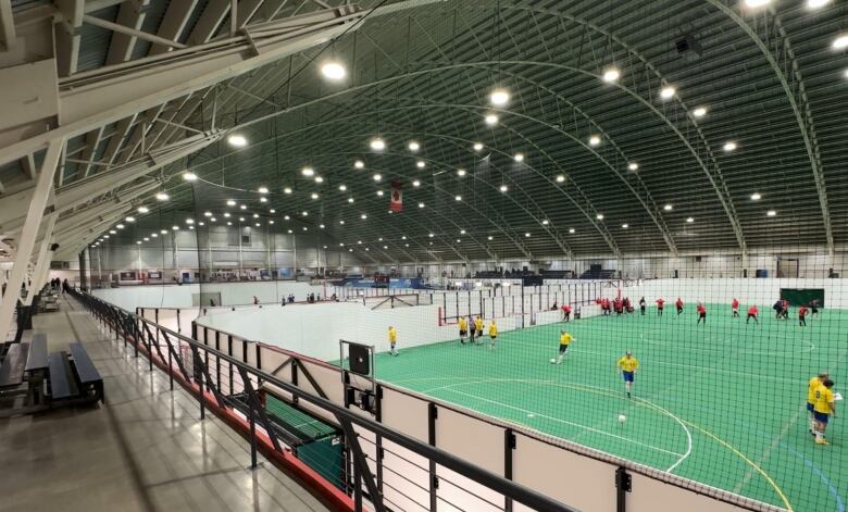 A view of an indoor field at the Calgary Soccer Centre.