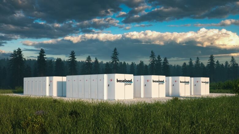 A rendering of a battery energy storage system with a misty forest in the background and fresh grassland in the foreground.