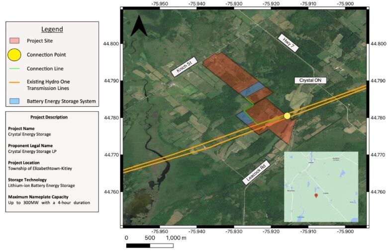 A map of a proposed battery storage facility in a rural area.