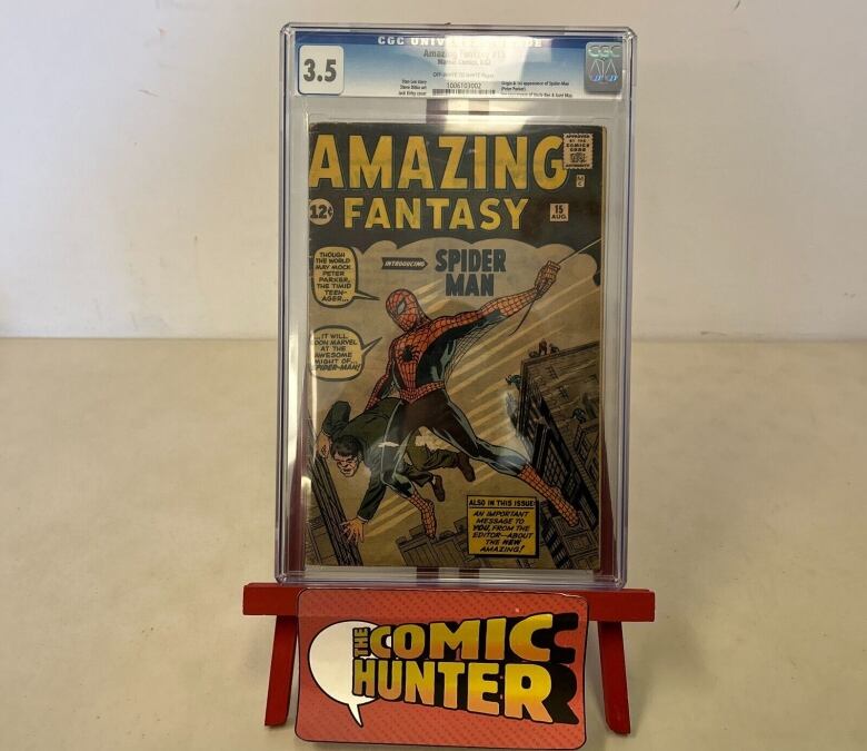 A grade copy of Amazing Fantasy #15 on display. 