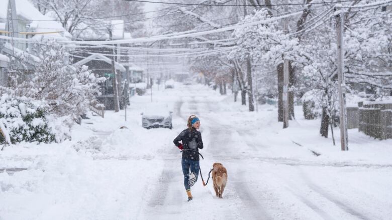 A runner is shown with her dog on a snowy roadway in the Halifax area.