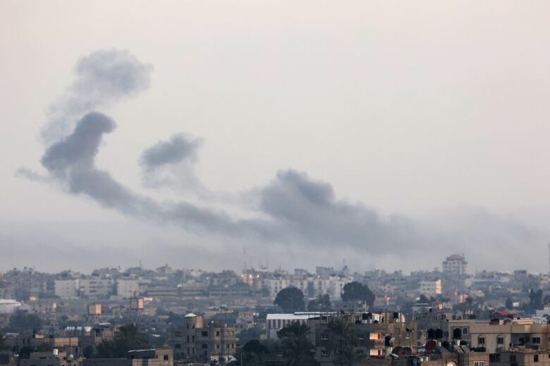 Smokes rises above a city.