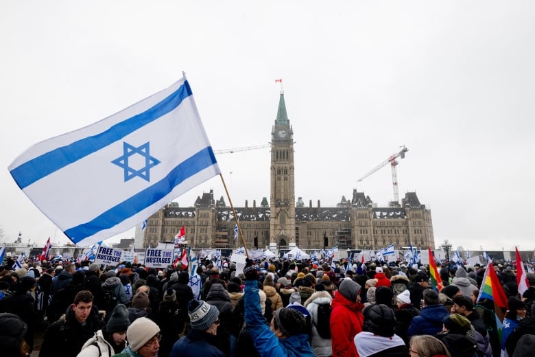 Protesters wave a blue-and-white Israeli flag on Parliament Hill.