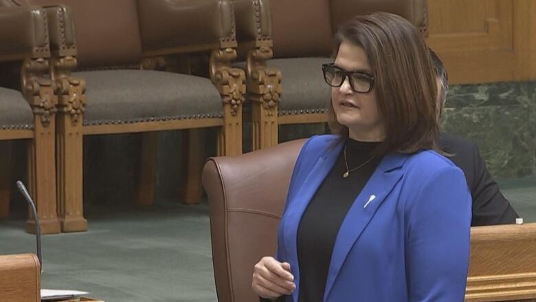 a woman in a blue blazer stands up in a legislative chamber