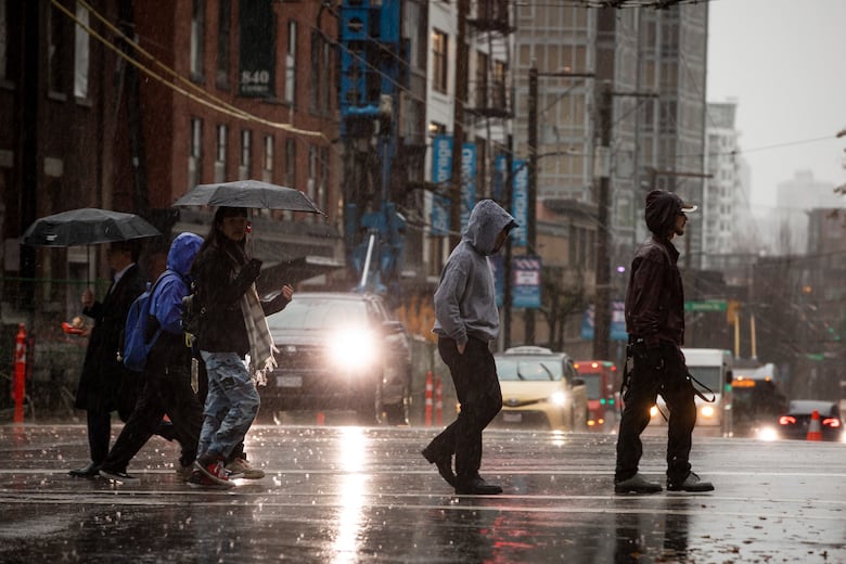 People cross the street with umbrellas during a period of heavy rain.