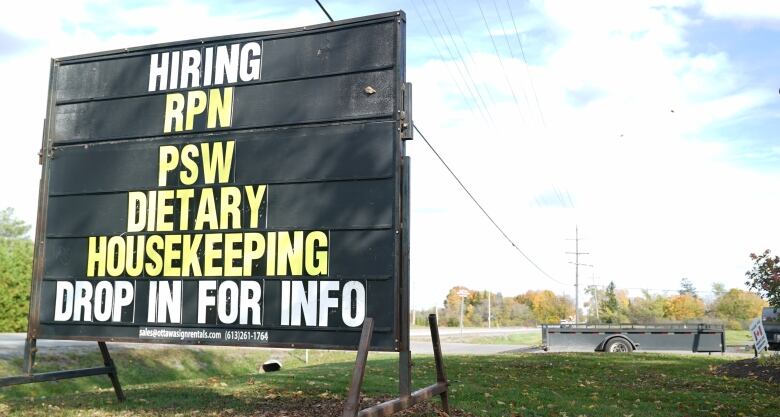 A sign outside of the Osgoode Care Centre invites people to learn more about jobs at the long-term care centre.