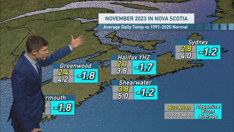 A man stands in front of a map of Nova Scotia and points at it.