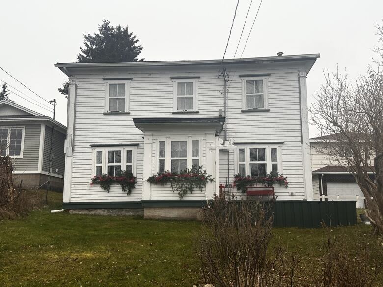 An old two storey white house, a large tree sits in front of it. 