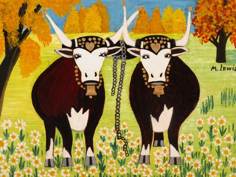 A painting of two oxgen with head yokes, large horns and long-lashed eyes. 