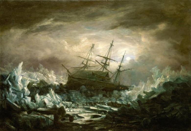 A painting of a ship in a roiling sea