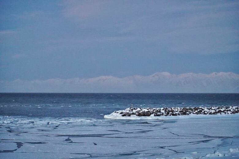 Open water with thin ice covering part of it.