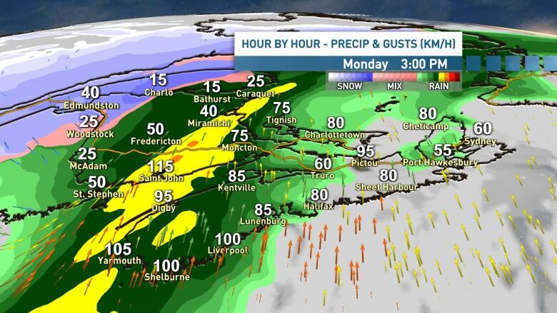 A map of the maritimes showing precipitation and wind gusts expected around 3 p.m.