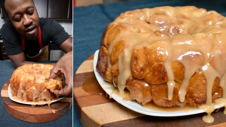 Two images side-by-side. L: Dwight Smith pulling a piece of caramel sauce-covered monkey bread off the loaf. R: Close-up of monkey bread covered in caramel sauce sitting on white plate on top of a wooden lazy Susan.