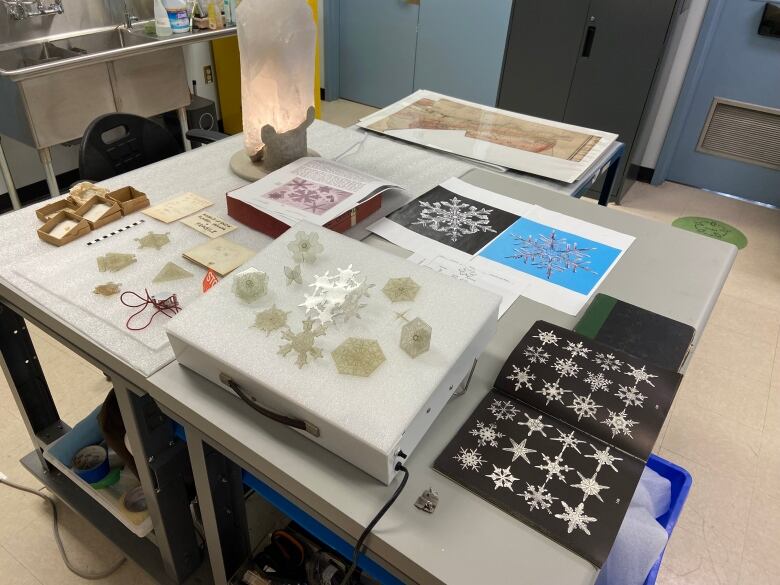 A table holds a collection of plastic snowflake models and various photos of snowflakes.