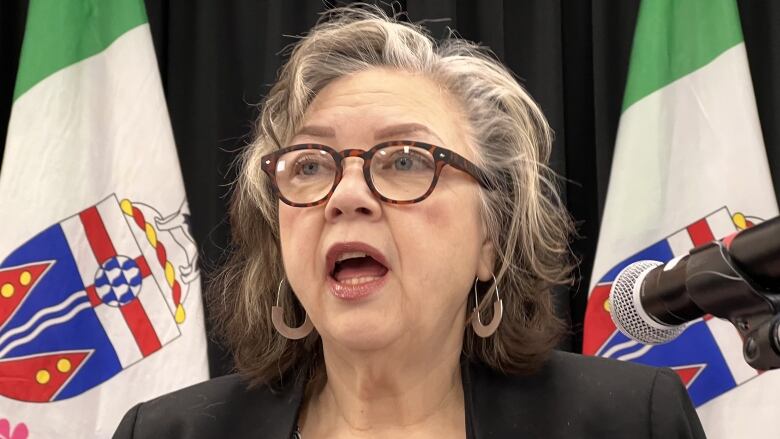 A woman with glasses speaking at a microphone, in front of two flags.