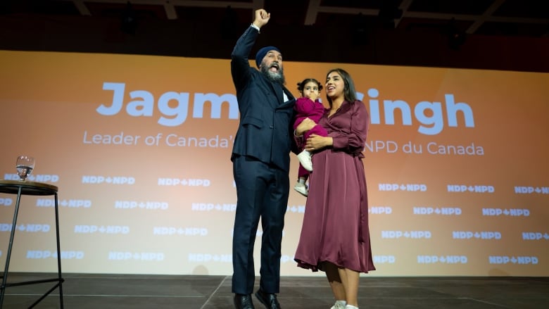 NDP Leader Jagmeet Singh is joined on stage by his wife, Gurkiran Kaur Sidhu and their daughter, Anhad Kaur following his Leadership Showcase at the NDP Convention in Hamilton, Ont. Saturday, October 14, 2023. 