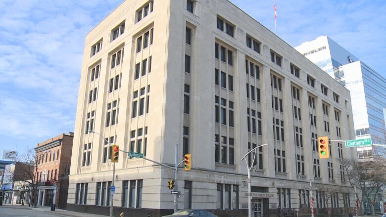 Photo of the Paul Martin Building on Ouellette Avenue, Windsor. Photographed Dec. 14, 2023. (TJ Dhir/CBC)