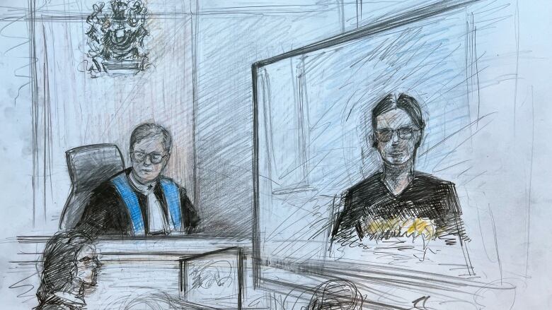 A sketch of a man on screen with a judge in robes 