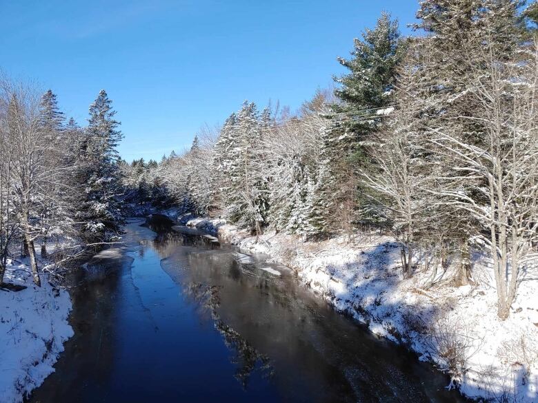 A snowy brook with blue sky