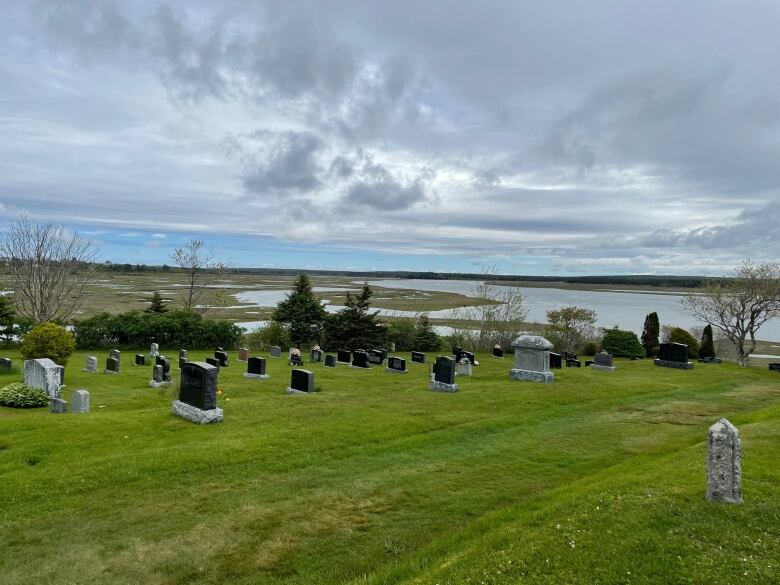 A view over a cemetery into a river.