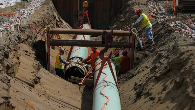 Workers lay pipe during construction of the Trans Mountain pipeline expansion on farmland, in Abbotsford, B.C., on Wednesday, May 3, 2023. 