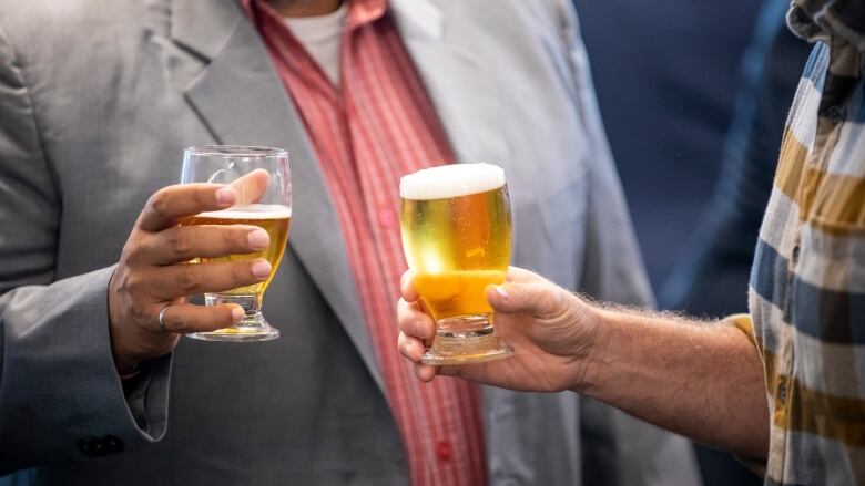 Two men raise glasses of beer. 