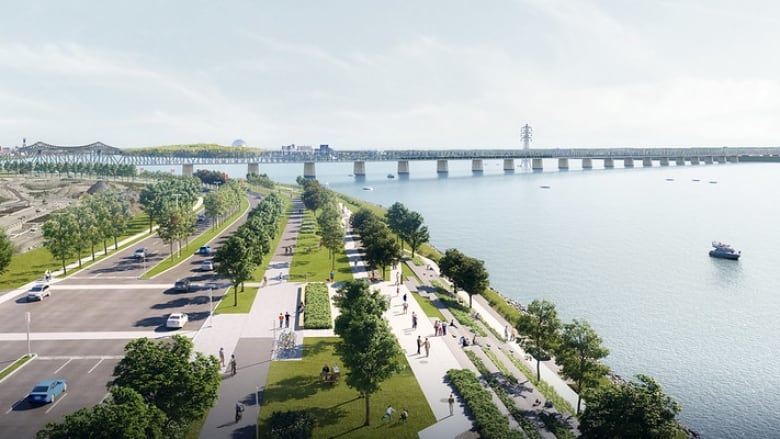 A mockup design showing the St. Lawrence River to the right, with trees and walkways in the middle and vehicle lanes to the left.