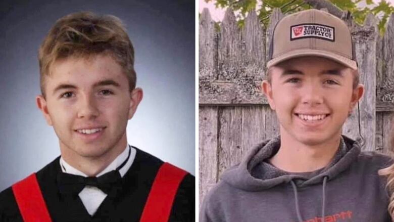 Side by side photos of a teenager, one in a red and black graduation gown and the other in a great hoodie.