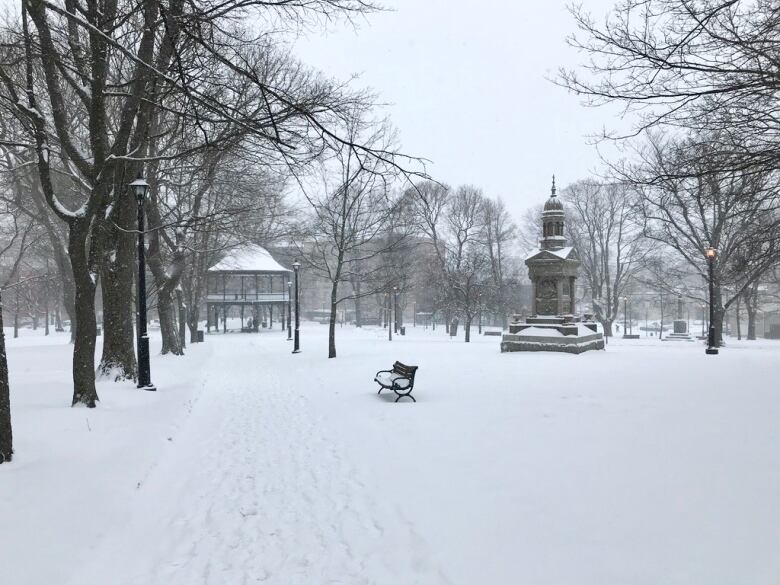 Snow covers the path in a park.