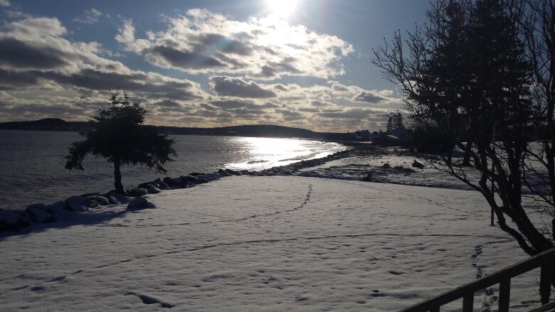 A snow covered beach.