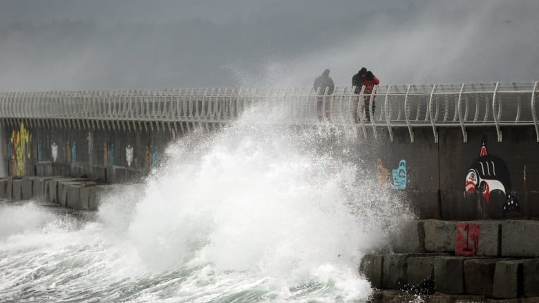 Waves pound Ogden Point breakwater as strong wind warnings are issued by Environment Canada along the south coast as a frontal system pushes across Vancouver Island during the first major storm of the year in Victoria, Tuesday, Jan. 5, 2021. 