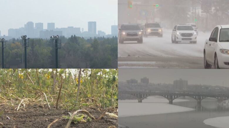 A collage showing wild weather events from Saskatchewan in 2023.