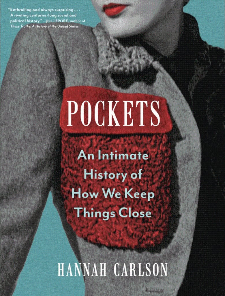 In this book jacket image, a woman's upper body and chin is seen. She is wearing a blazer with a large red pocket, on which is printed the book's title Pockets: An Intimate History of How We Keep Things Close. 