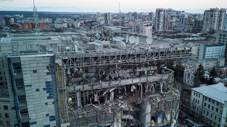 A view shows the Kharkiv Palace Hotel heavily damaged by a Russian missile strike. 