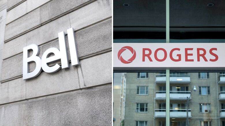 A composite image shows the logos of telecom giants Bell and Rogers affixed to office buildings.