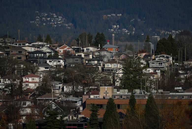 HHouses are seen on a hill in Vancouver, with the North Shore mountains in the distance.