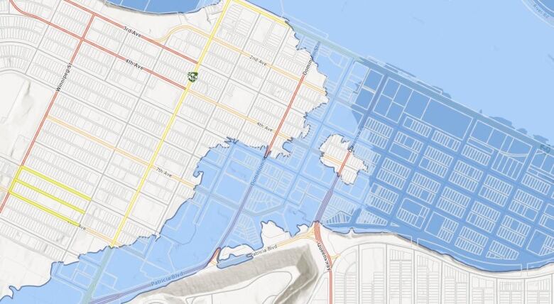 map of downtown prince george, with blue to indication flood plain