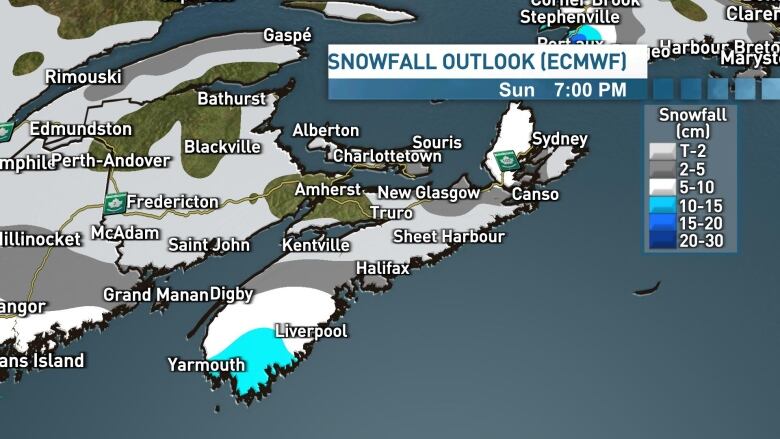 Estimated snowfall amounts across Nova Scotia by 7 p.m. Sunday evening shows that Yarmouth will receive between 10 and 15 cm.