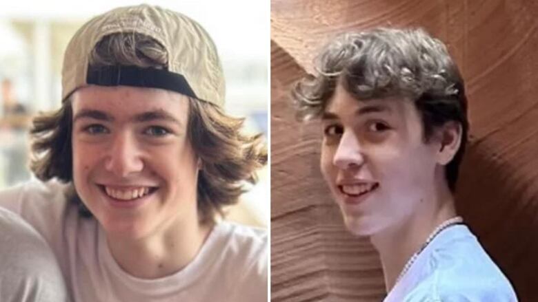 A composite of two white boys smiling for the camera. One of them is wearing a hat turned backwards and has somewhat long hair, with another having short hair and wearing a pearl necklace.