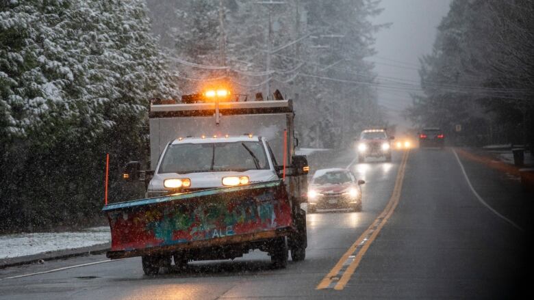 A snow plow drives along a wet road lined with snow-topped trees.