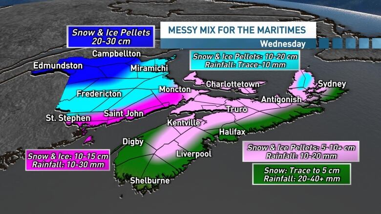 map of maritimes showing snow and rain accumulations