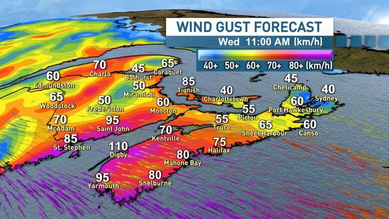 map of the maritimes with wind gust info