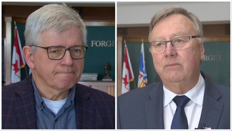 Two men wearing suits stand in the lobby of Confederation Building.