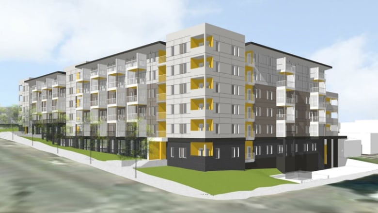 A rendering of an apartment building.