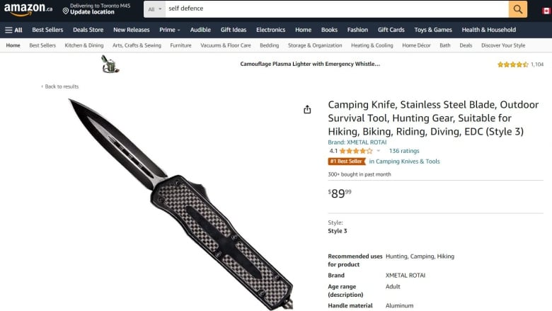 Product listing for a knife on Amazon.ca