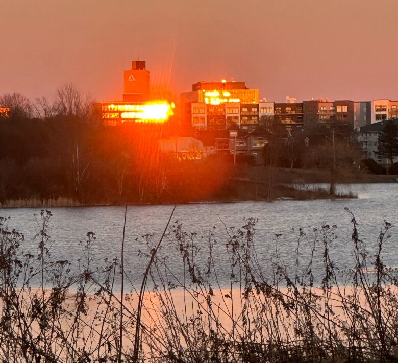 An orange sun sinking between apartment buildings glows over a pale blue lake.