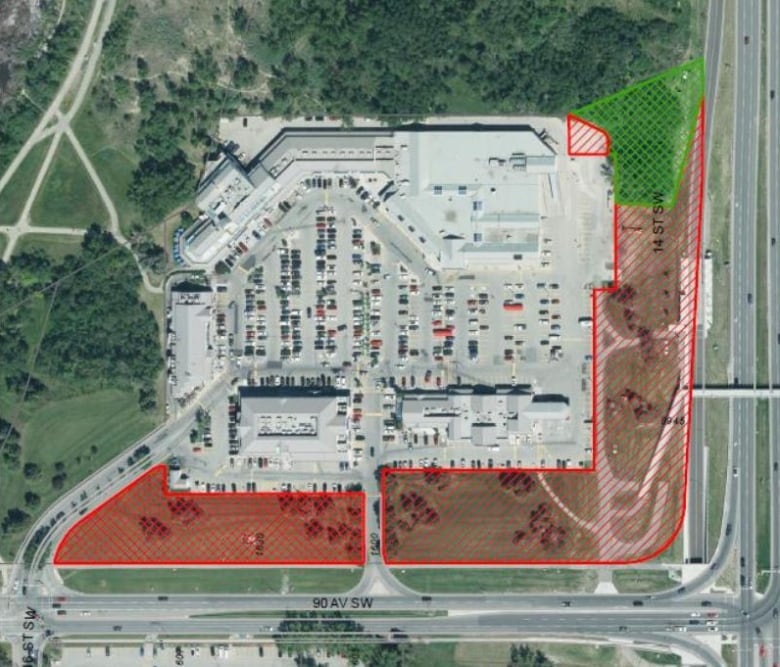 This image from the City of Calgary's presentation show the land which could be sold in red, the area in green is deemed mature greenspace and will remain the city's.